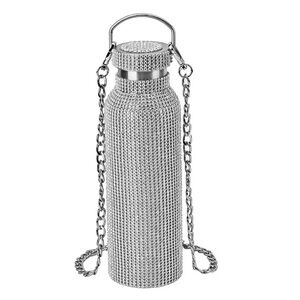 Silver Stainless Steel BLING Rhinestone Water Bottle Chain Crossbody Festival